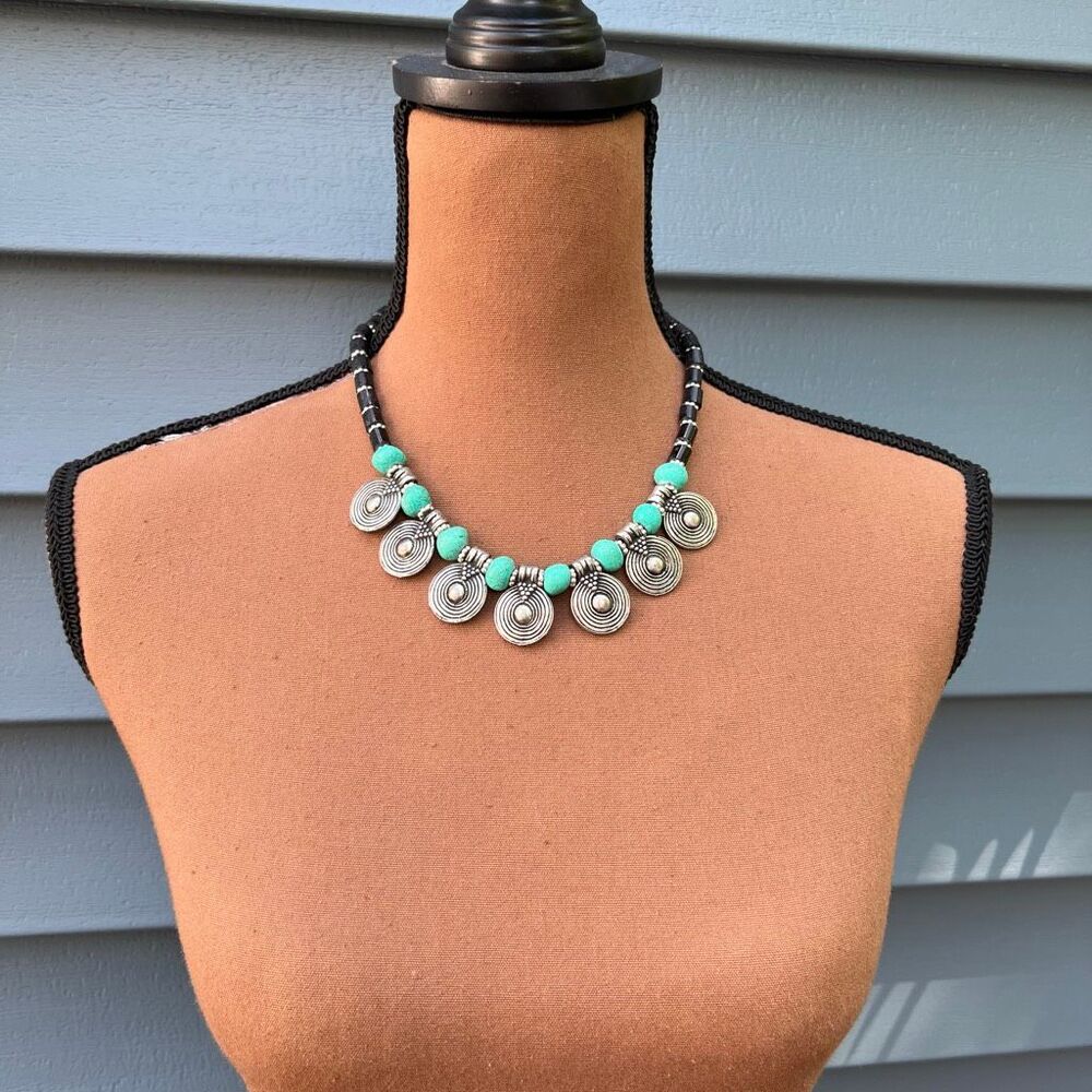 Mexicali Blues Single Strand Necklace Turquoise Obsidian Silver Boho Jewelry